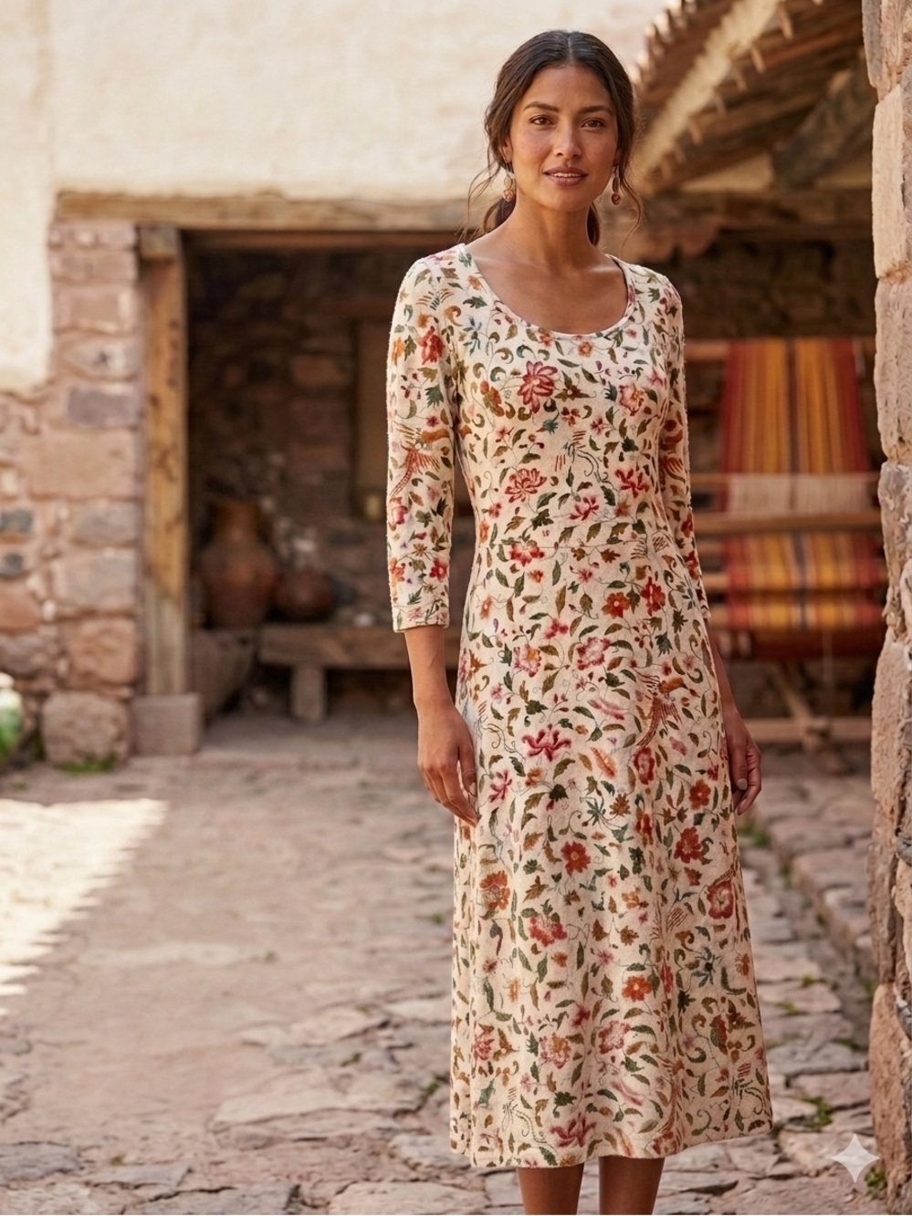 Peruvian Connection Sylvie Floral Bird Fit & Flare Midi Dress Small